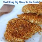 Three breaded chicken cutlets on a white plate with a wooden spatula nearby. Text above reads "20 Chicken Dinner Recipes That Bring Big Flavor to the Table.