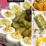 A collage of Easter side dishes including deviled eggs with pickles, a vegetable casserole, asparagus with cheese, and a serving of macaroni and cheese.