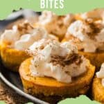 Close-up of pumpkin cheesecake bites topped with whipped cream and sprinkled cinnamon on a plate, with text reading "Pumpkin Cheesecake Bites" and "southernfoodandfun.com.