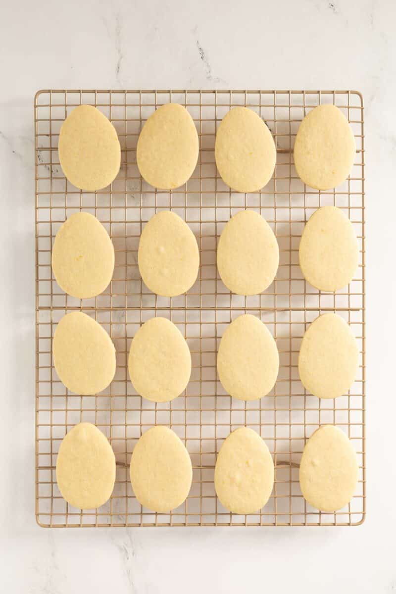 Sixteen plain, egg-shaped sugar cookies are arranged in a 4-by-4 grid on a cooling rack over a white marble surface.