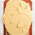 Rolled out cookie dough with oval shapes cut out, placed on a silicone baking mat on a marble surface.