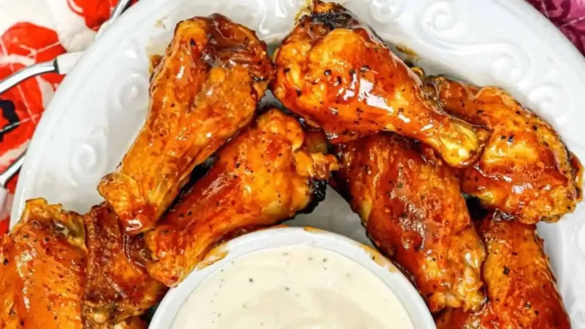 A plate of BBQ chicken wings with a smoky flavor is arranged around a small bowl of creamy dipping sauce on a white dish.