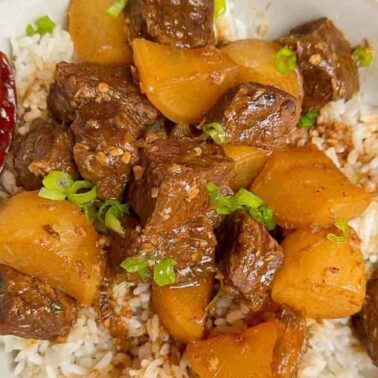 A bowl of white rice topped with chunks of stewed beef, potatoes, a dried red chili, and garnished with chopped green onionsโa classic comfort food inspired by homestyle stew recipes.