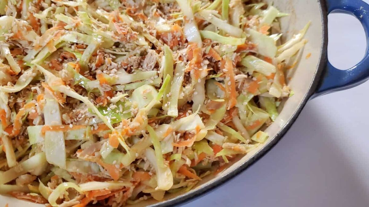 A close-up of a bowl filled with shredded cabbage, carrot, and sesame seeds—perfect for crunchy fillings in your favorite egg roll ideas—all mixed together in a blue-rimmed dish.