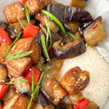A bowl of white rice topped with stir-fried tofu, eggplant, and red bell peppers, garnished with sliced green onions—bringing your favorite flavors from the kitchen to every bite.