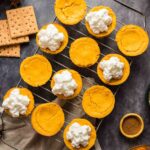 Mini pumpkin cheesecake bites on a cooling rack, some topped with whipped cream, surrounded by graham crackers, spices, and baking ingredients on a dark surface.