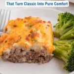 A slice of cheesy classic meatloaf and steamed broccoli on a white plate, with text promoting 12 comforting meatloaf recipes from Southern Living.