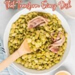 A bowl of butter beans topped with pieces of bacon and a wooden spoon sits on a blue and white cloth. Text above reads "Butter Recipes That Transform Every Dish"—discover how melted butter adds magic to every bite.