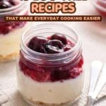 A glass jar dessert with cream, cherry topping, and a spoon; text reads "15 Egg-Free Recipes That Make Everyday Cooking Easier.