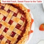 A lattice-topped strawberry pie on a white plate with a whole strawberry beside it; text reads "15 Strawberry Desserts That Add Fresh, Sweet Flavor to the Table.