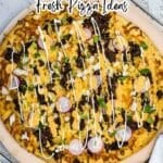 A large pizza topped with cheese, meat, sliced radishes, herbs, and drizzled sauce, accompanied by text promoting Friday night pizza ideas.