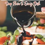 A hand pours a dark sauce over bruschetta topped with tomatoes, garlic, and basil. Text reads: "15 Garlic Recipes That Deliver Bold Aroma and Deep Flavor to Every Dish." Discover garlic recipes packed with bold aroma.