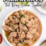 A bowl of savory pork pieces in a brown sauce, garnished with herbs, sits on a white plate with a fork and small dishes nearby. Text on image promotes delicious pork recipes.