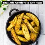 A black bowl filled with seasoned potato wedges sits on a light wooden surface; text reads โ19 Potato Sides That Add Comfort to Any Plate.โ.