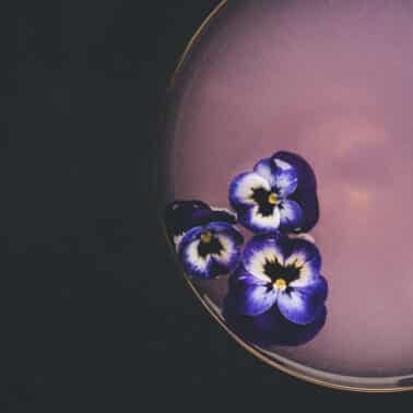 A purple cocktail garnished with three purple and white edible flowers, shown in a glass against a dark background.