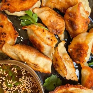 A plate of golden-brown pan-fried dumplings served with a bowl of soy dipping sauce topped with sesame seeds and fresh herbsโperfect for those craving handmade comfort and cozy recipes.