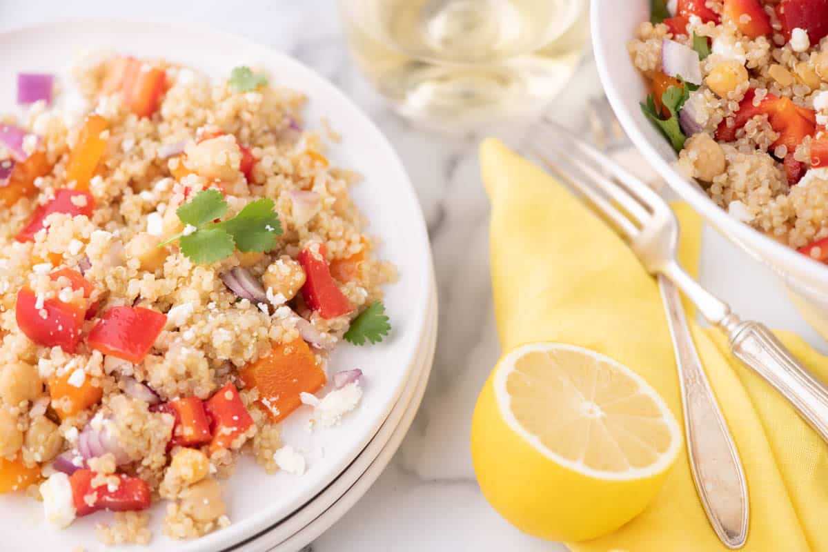 Quinoa Chickpea Salad: fresh, protein-packed with feta and lemon.
