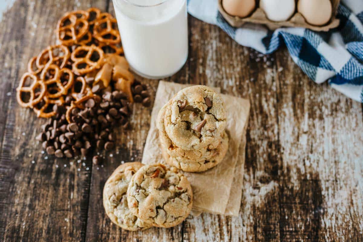 Soft and chewy cookies with chocolate, caramel, and crunchy pretzels. The perfect sweet and salty.
