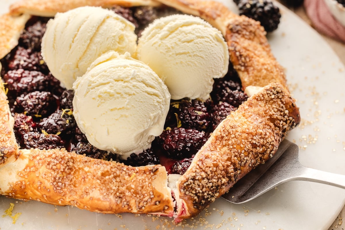 An easy blackberry galette made with refrigerated pie crust, fresh berries, and turbinado sugar.