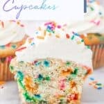 A funfetti cupcake with white frosting and colorful sprinkles is cut in half, revealing a moist interior with rainbow sprinkles. Text reads "Funfetti Cupcakes" and "Southern Food and Fun.