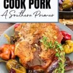 A cooked pork chop garnished with herbs, surrounded by roasted peppers and onions on a plate, with a cookbook cover titled "How to Cook Pork: A Southern Primer.