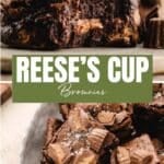Close-up of rich chocolate brownies with pieces of Reese’s peanut butter cups on top, arranged on a plate. Text reads “Reese’s Cup Brownies” and “southernfoodandfun.com.”.