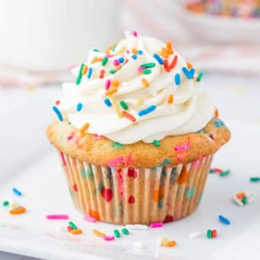 A vanilla cupcake with white frosting and colorful sprinkles sits on a white plate, with more sprinkles scattered around.