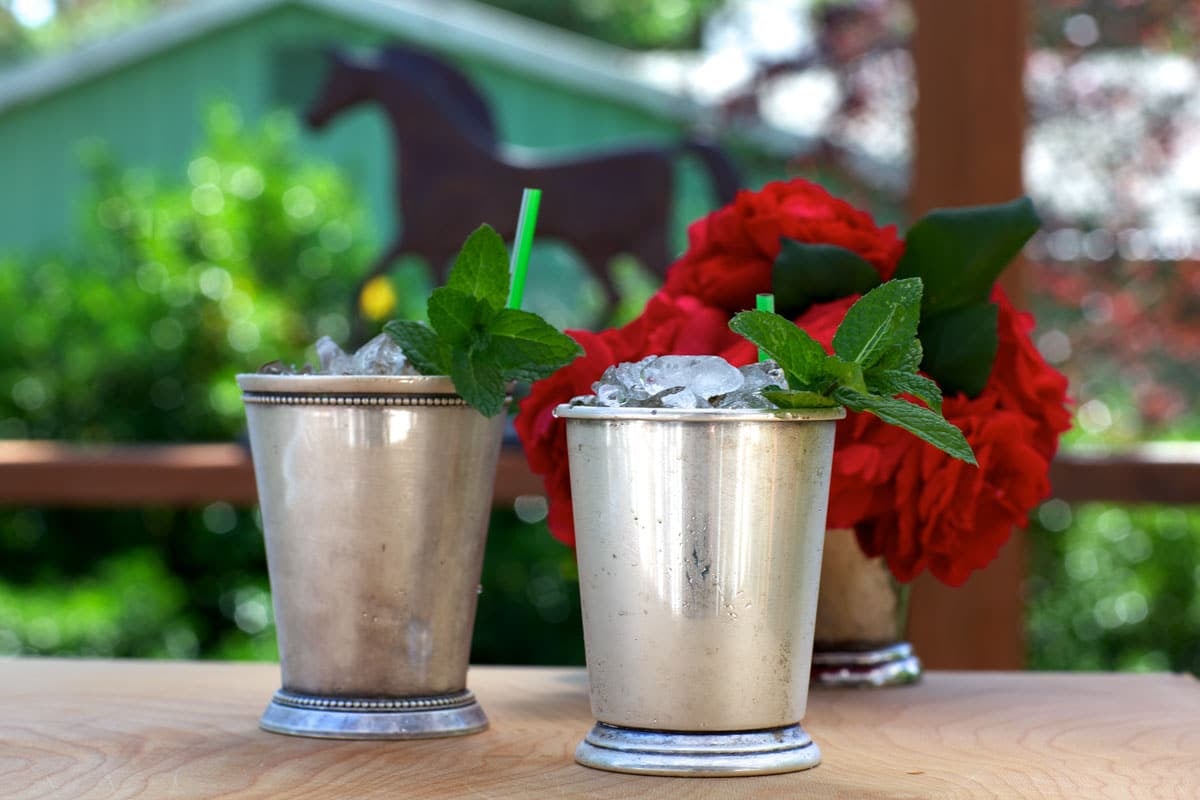 Two silver cups filled with ice and mint leaves sit on a wooden surface, with red flowers and a horse silhouette in the blurred background.