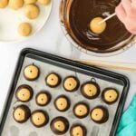 A hand dips a peanut butter ball into melted chocolate. Other dipped and undipped balls are on a plate and a parchment-lined baking sheet.