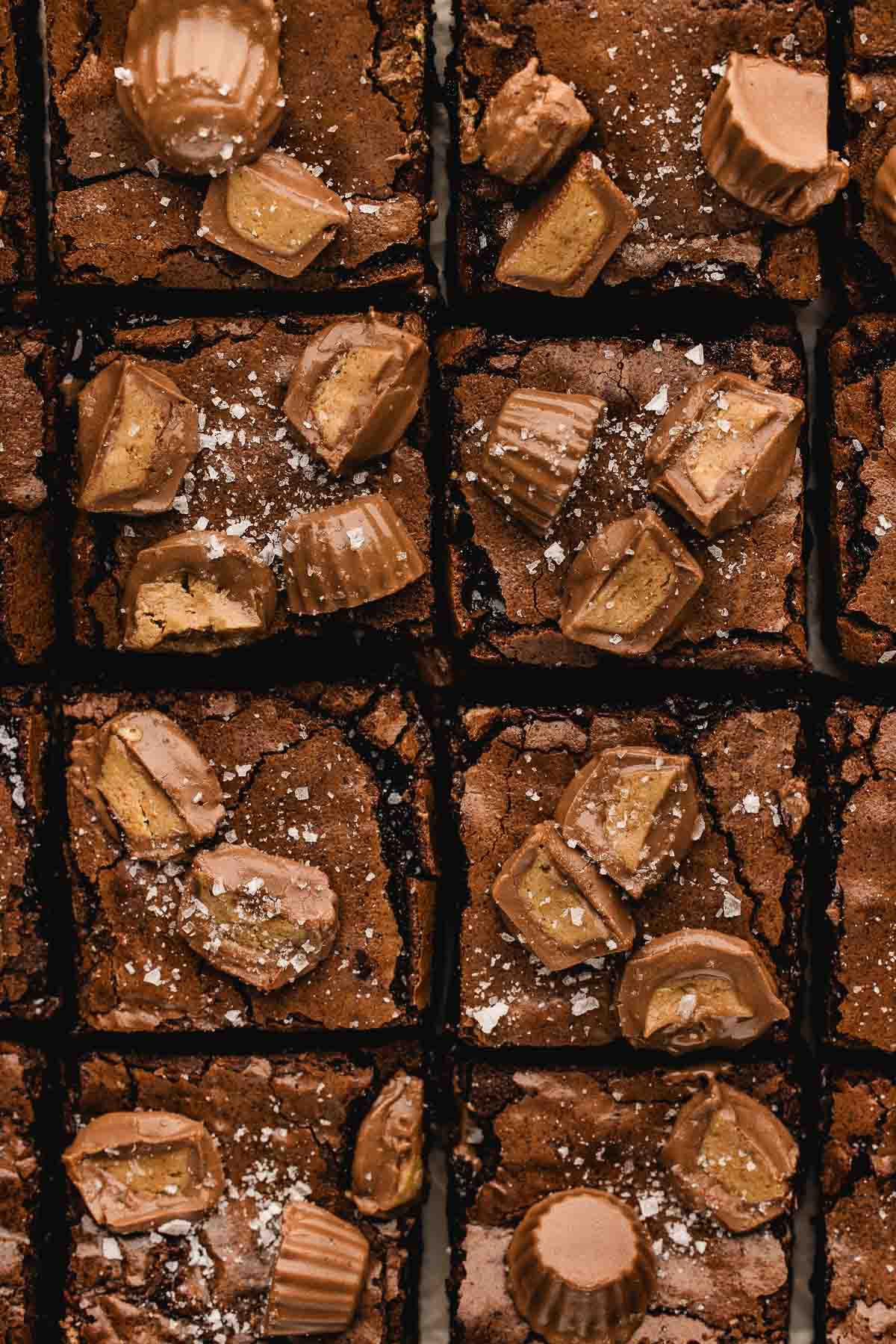 Brownie squares topped with halved and whole chocolate peanut butter cups, sprinkled with sea salt.