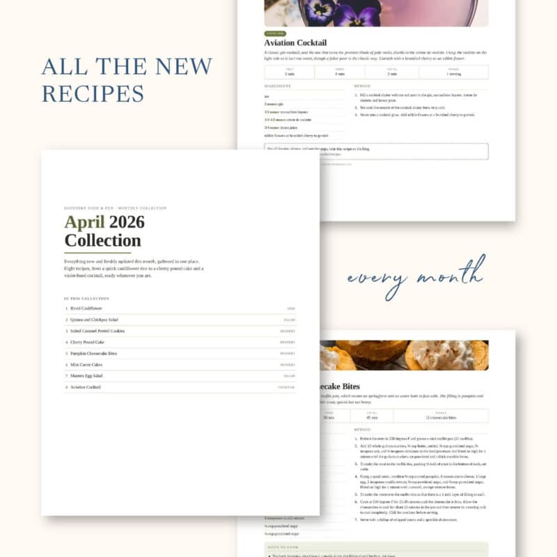 A digital preview of a recipe collection for April 2026, showing a list of recipes and sample recipe pages for Aviation Cocktail and Pancake Bites.
