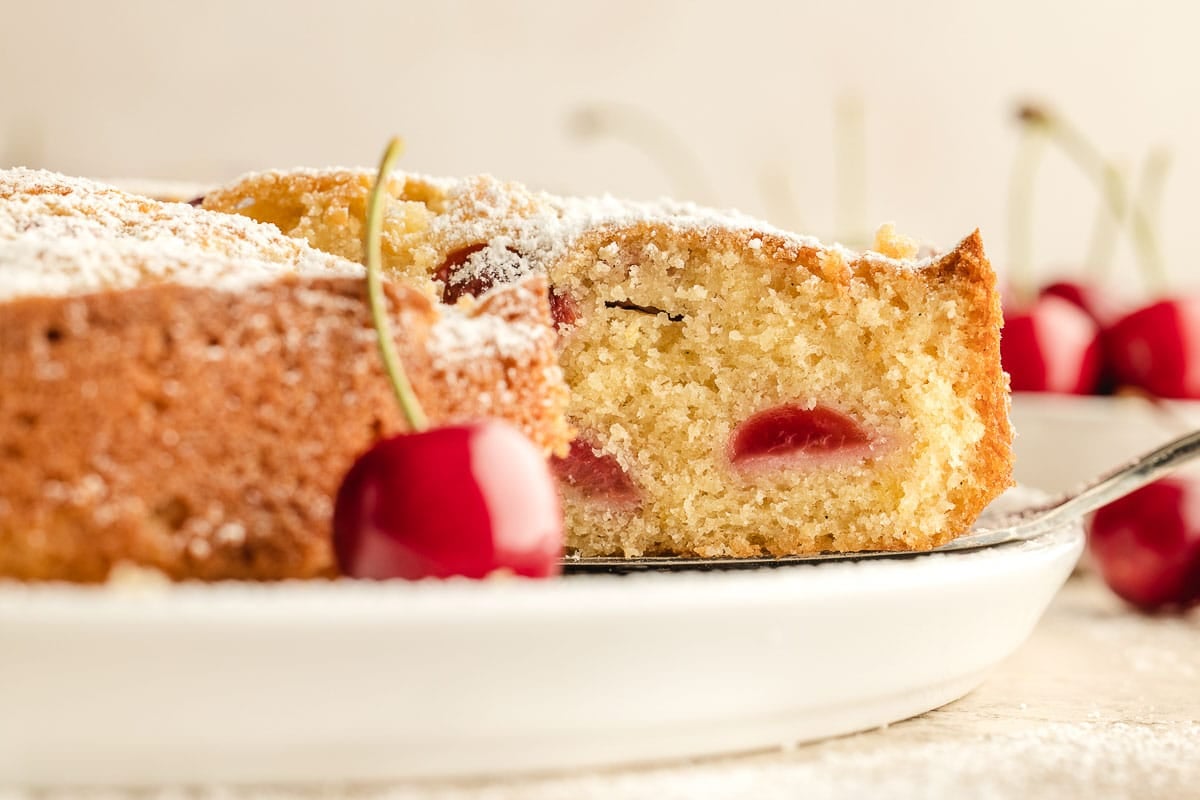 A close-up of a sliced cherry cake dusted with powdered sugar, with visible cherries inside and fresh cherries on the plate.