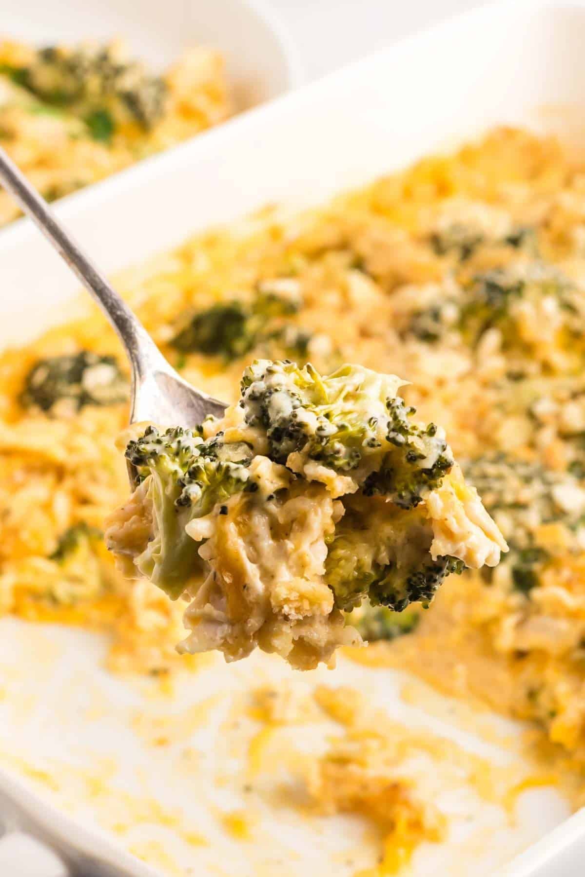 A spoon holds a serving of chicken broccoli rice casserole above a baking dish with more casserole inside.