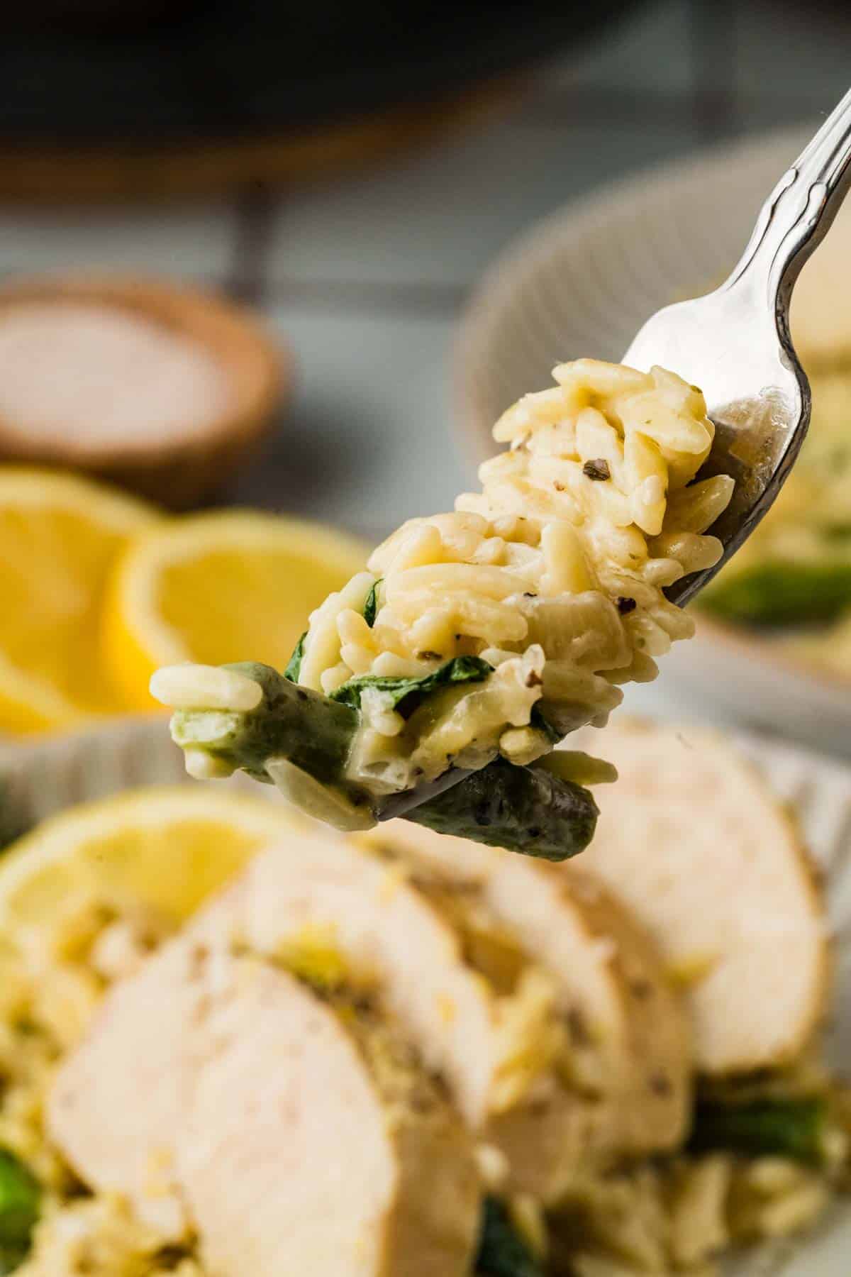 A fork holds a bite of creamy orzo pasta with spinach, with slices of cooked chicken and lemon slices visible in the background.