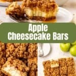 Apple cheesecake bars with a crumb topping are sliced and arranged on a table, with some served on white plates and fresh apples nearby.