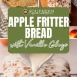 Apple fritter bread topped with vanilla glaze, shown sliced and whole, with glaze being poured on a loaf. Cinnamon sticks and apples are also visible.