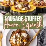 Halved acorn squash filled with sausage, cranberries, seeds, and crumbled cheese, served on plates with gold utensils and a checkered napkin.