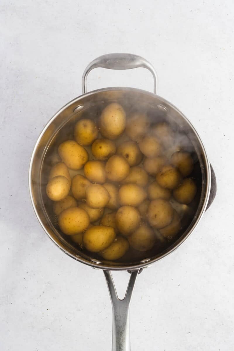 A pot filled with steaming water and small whole potatoes on a white background, viewed from above.