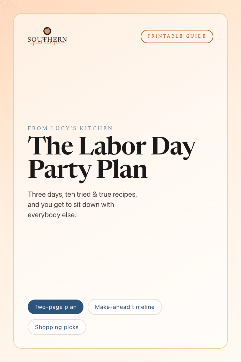 A promotional page for “The Labor Day Party Plan” guide, featuring recipes, a two-page plan, make-ahead timeline, and shopping picks from Southern Kitchen’s General Store.