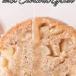 Caramel glaze drizzled over a slice of apple bundt cake. Text reads: “Apple Bundt Cake with Caramel Glaze.”