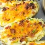 Twice-baked potatoes topped with melted cheese, bacon, and chives, with text reading “Twice Baked Potatoes in the Instant Pot.”