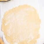 A rolled-out circle of pie dough on parchment paper, with a bowl of sliced apples and a small dish of melted butter nearby.