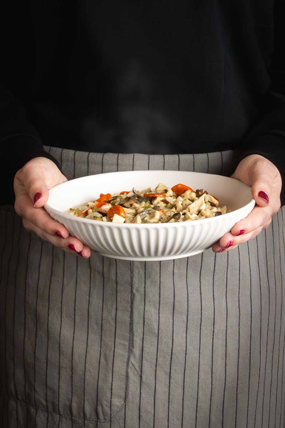 A person in a gray striped apron holds a bowl of vegetable and chicken stew.