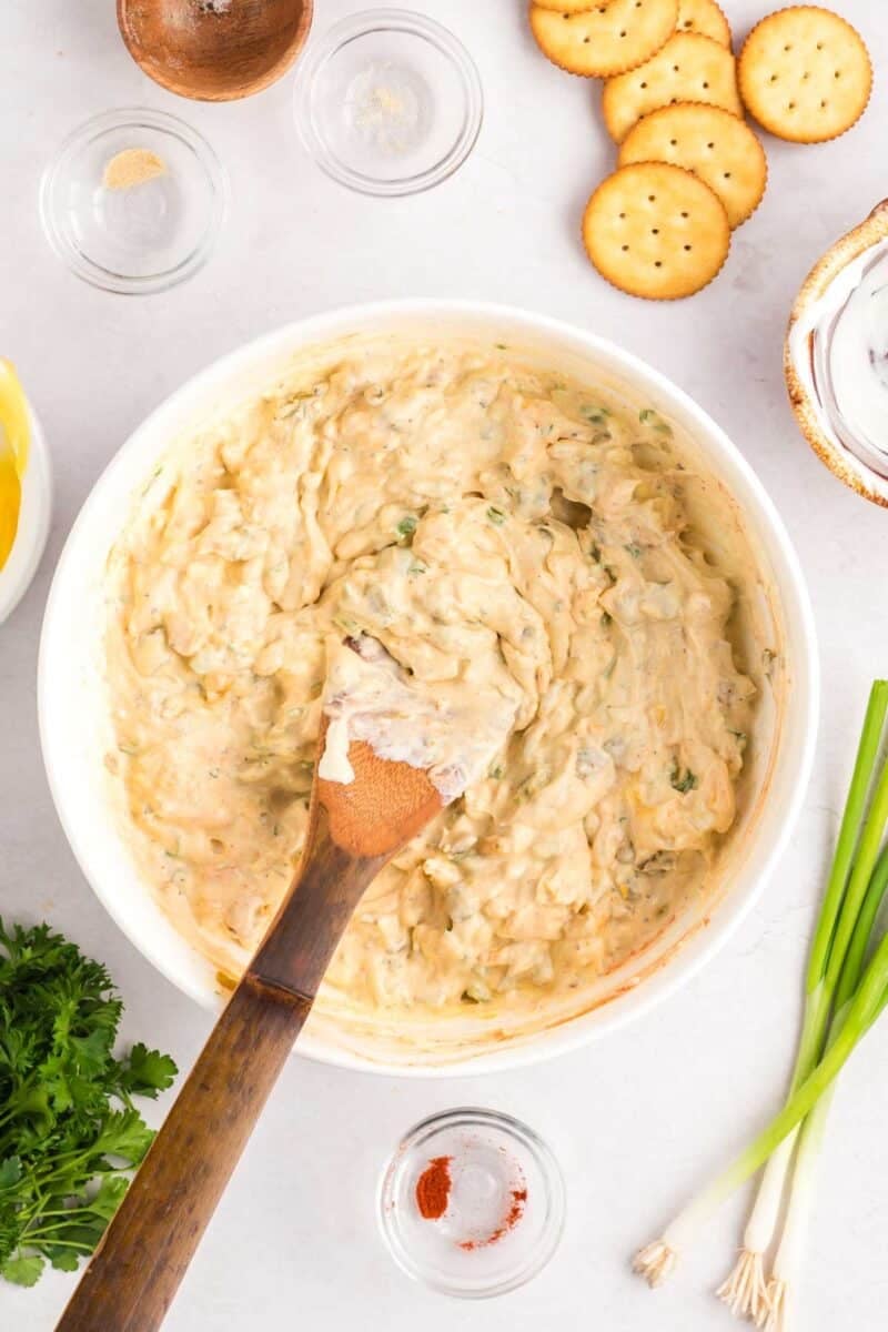 A wooden spoon resting in a bowl of creamy dip, surrounded by crackers, herbs, and small bowls of spices.